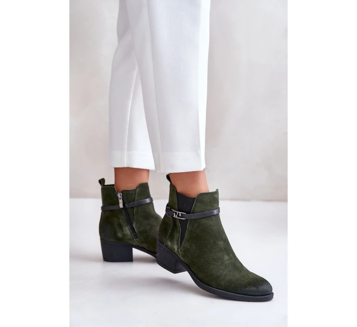 Zazoo 60478 Zamszowe Botki Na Obcasie Ocieplane Zapinane Na Zamek Ciemnozielone