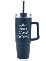 PRÁCE NEUTEČE, KÁVA VYSTYDNE! - modrý cestovní termohrnek s průhledným víčkem 900 ml