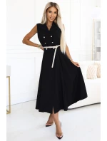 model 21212554 Elegantní midi košilka se zlatými knoflíky a páskem ČERNÁ - numoco basic model 21212554 Elegantní midi košilka se zlatými knoflíky a páskem ČERNÁ - numoco basic