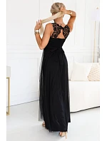 672-4 Romantické maxi šaty s vyšívanou krajkou a tylem - černé