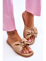Damskie Skórzane Klapki Z Kokardą Beżowe Becky Damskie Skórzane Klapki Z Kokardą Beżowe Becky