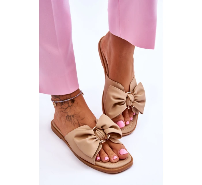 Damskie Skórzane Klapki Z Kokardą Beżowe Becky Damskie Skórzane Klapki Z Kokardą Beżowe Becky