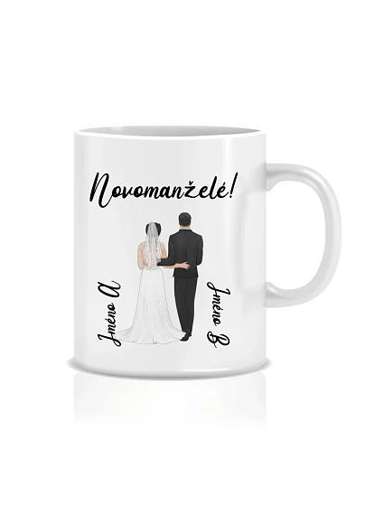 Personalizovaný klasický biely keramický hrnček s objemom 300 ml so svadobným párom