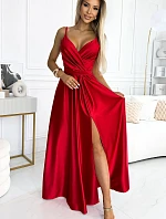 512-5 JULIET elegantné dlhé saténové šaty s výstrihom a rozparkom na nohách - ČERVENÉ