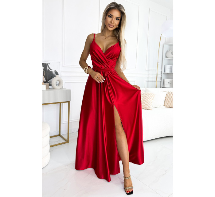 JULIET - Elegantní dlouhé červené saténové dámské šaty s výstřihem a rozparkem na noze 512-5