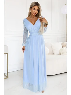 Dlouhé maxi šaty s rukávy a obálkovým výstřihem modré model 22175033 - numoco basic