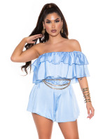 Sexy Off-Shoulder Satin- Look Ruffled Overall