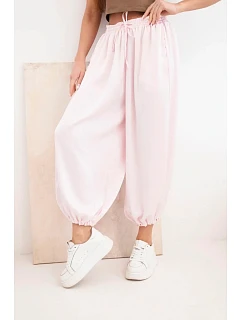 Dámské široké kalhoty s gumou v pase a šňůrkou ve stylu model 22064407 bonbónově růžová - K-Fashion