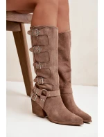 Dámske kovbojské čižmy na podpätku s prackami Fivelle - tmavo béžové Dámske kovbojské čižmy na podpätku s prackami Fivelle - tmavo béžové
