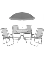 SADA ZÁHRADNÉHO NÁBYTKU OKRÚHLY STÔL 4 STOLIČKY A SLNEČNÍK TMAVOSIVÁ