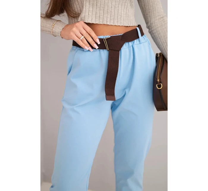Dámské bavlněné kalhoty s páskem a ohrnutým lemem modré