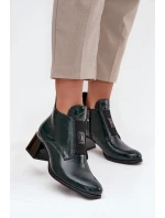 Skórzane Lakierowane Botki Na Klocku Z Ozdobnym Detalem Ocieplane Zazoo 60560 Ciemnozielone