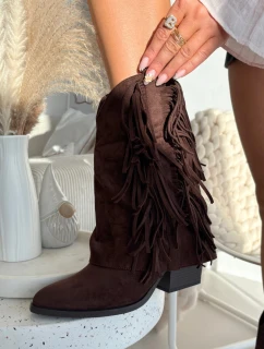 Dámské kožené boty s třásněmi na podpatku čokoládové model 21821877 - Boto