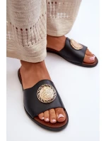 Zazoo 2938 Skórzane Klapki Na Płaskim Obcasie Z Ozdobą Czarne Zazoo 2938 Skórzane Klapki Na Płaskim Obcasie Z Ozdobą Czarne