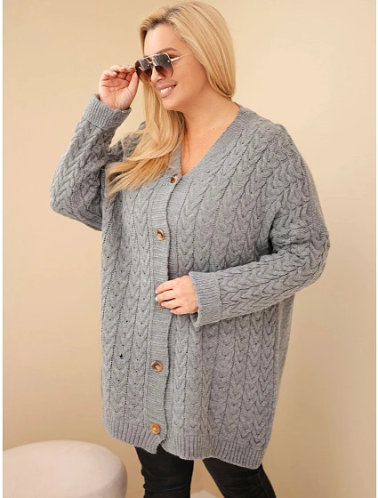 Dámský kardigan Plus Size s knoflíky a copánkovým vzorem šedý Dámský kardigan Plus Size s knoflíky a copánkovým vzorem šedý