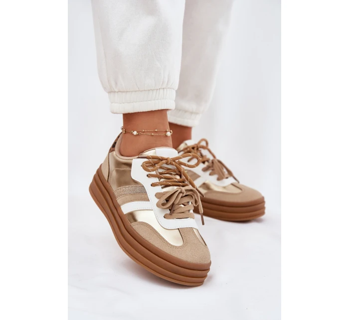 Sneakersy Damskie Na Platformie Z Podwójnym Sznurowaniem Panterka Złote Niteria Sneakersy Damskie Na Platformie Z Podwójnym Sznurowaniem Panterka Złote Niteria