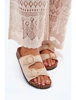 Szydełkowe Klapki Damskie Ze Złotymi Klamrami Beżowe Fenira Szydełkowe Klapki Damskie Ze Złotymi Klamrami Beżowe Fenira