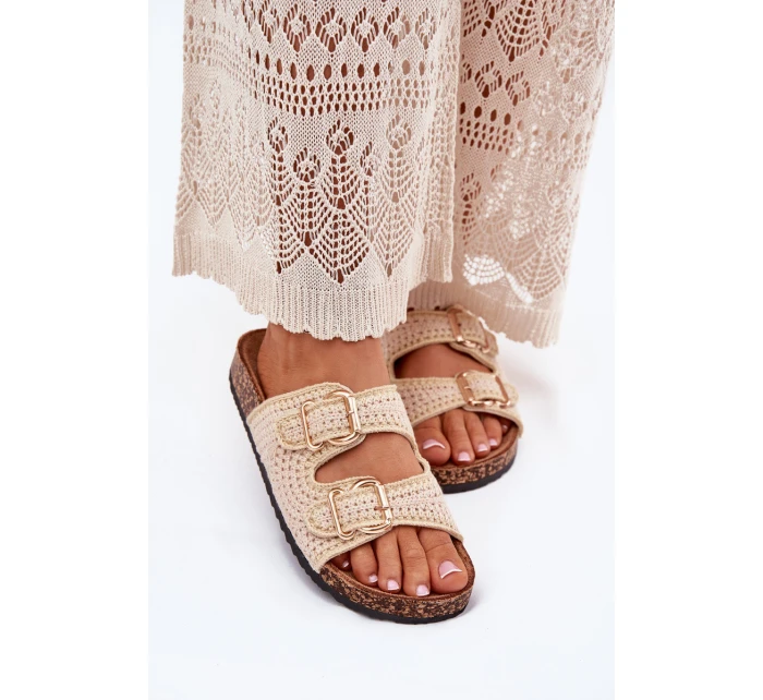 Szydełkowe Klapki Damskie Ze Złotymi Klamrami Beżowe Fenira Szydełkowe Klapki Damskie Ze Złotymi Klamrami Beżowe Fenira