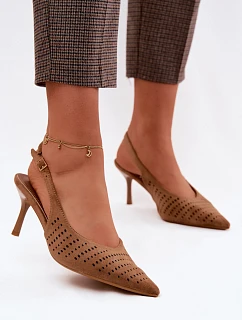 Dámské síťované sandály na podpatku z imitace semiše světle hnědé model 22125614 - Boto