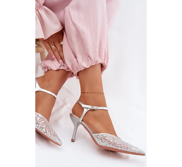 Dámské síťované sandály na jehlovém podpatku se třpytivým zdobením Stříbrné Laria