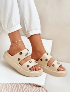 Dámske penové papuče s ozdobnými prackami - béžové