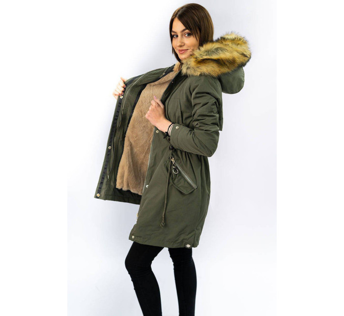 Teplá dámska zimná bunda parka v khaki farbe s odopínacou podšívkou (W164)
