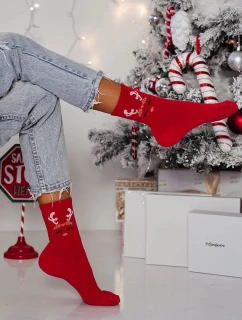 Dámske vianočné ponožky s motívom sobov - červené