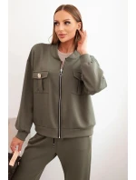 Dámský komplet z viskózy s rozepínací mikinou a kalhotami khaki model 21285295 - K-Fashion Dámský komplet z viskózy s rozepínací mikinou a kalhotami khaki model 21285295 - K-Fashion