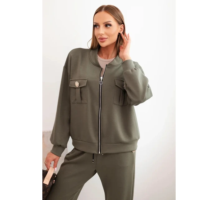 Dámský komplet z viskózy s rozepínací mikinou a kalhotami khaki model 21285295 - K-Fashion Dámský komplet z viskózy s rozepínací mikinou a kalhotami khaki model 21285295 - K-Fashion