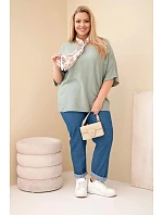 Dámska viskózna blúzka Plus Size s krátkymi rukávmi a ozdobnou šatkou khaki