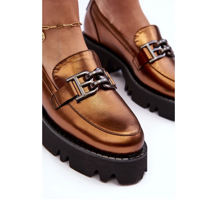 Damskie Skórzane Półbuty Loafersy Z Ozdobą Laura Messi 2699 Złote