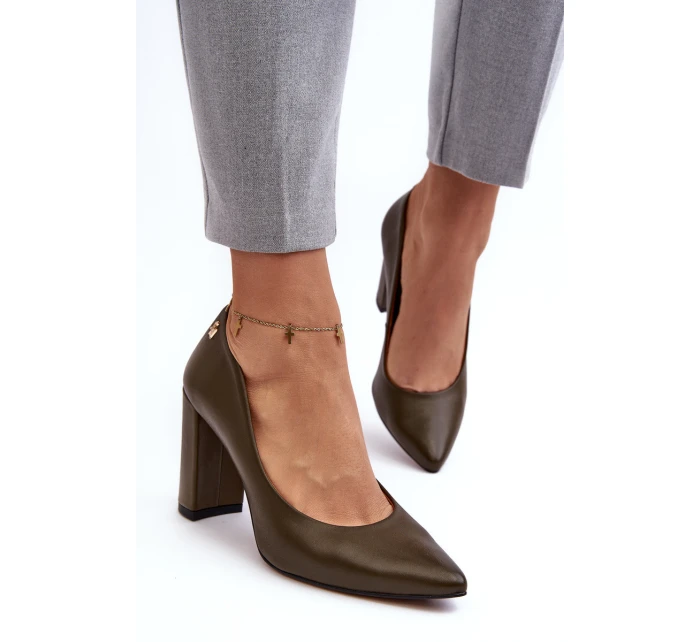 Skórzane Czółenka Na Słupku Laura Messi 2624/227 Ciemnozielone