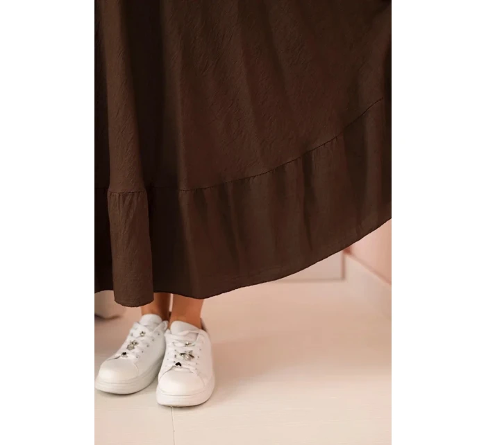 Dámske plus size šaty s krátkymi rukávmi a volánom z ľahkej viskózy v hnedej farbe
