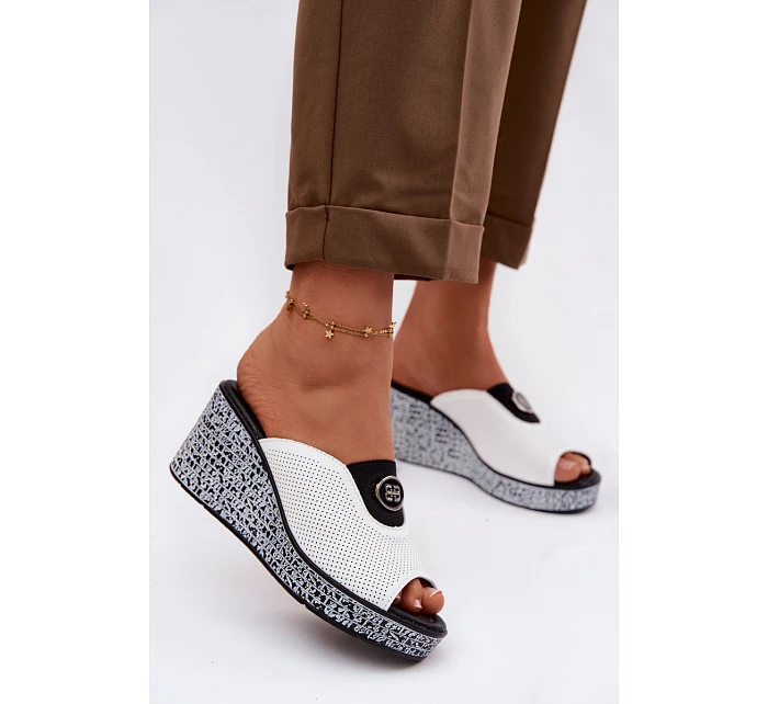 Kožené nazouváky na platformě s ozdobou S.Barski LR61-7011 Bílé