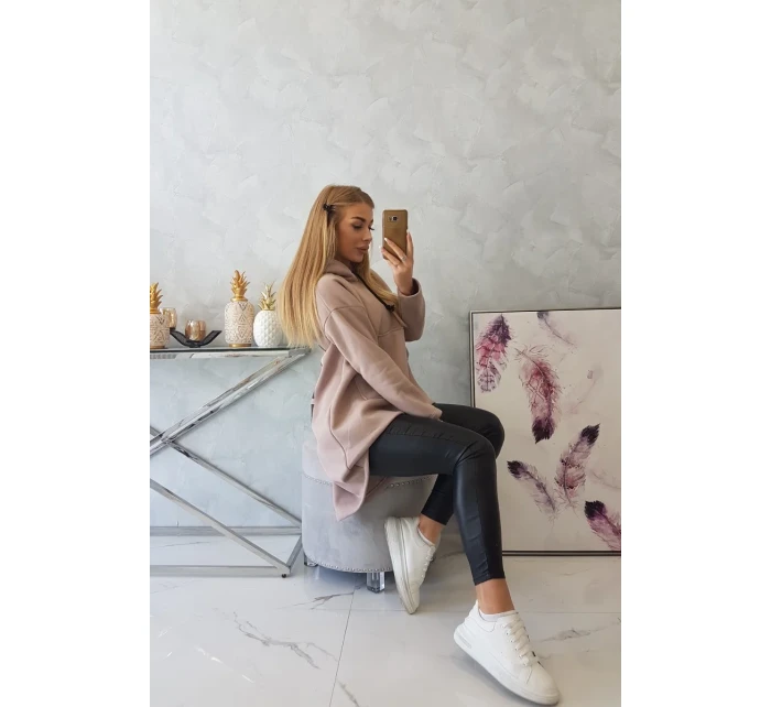 Zateplená mikina s dlouhými zády a kapucí tmavě béžová