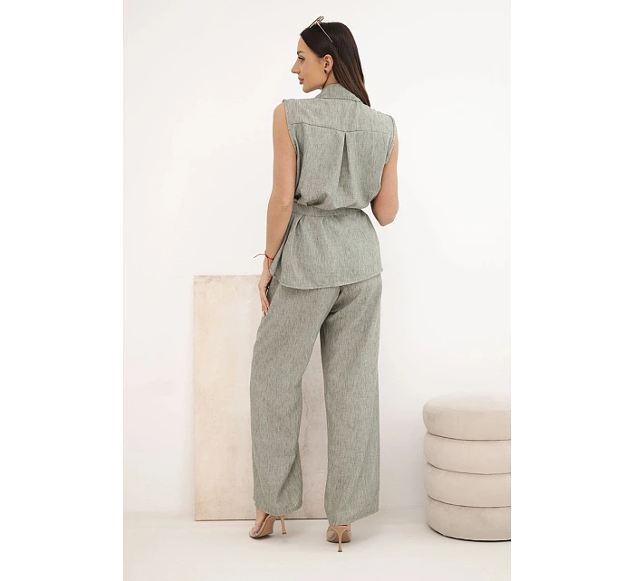 Dámska súprava s blúzkou na zaväzovanie a širokými nohavicami khaki farby Dámska súprava s blúzkou na zaväzovanie a širokými nohavicami khaki farby