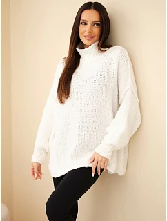 Dámský oversize svetr s příměsí model 22391390 rolákem a širokými rukávy ecru - K-Fashion