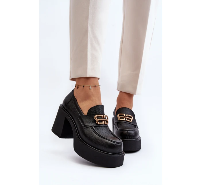 Zazoo 20170 Półbuty Skórzane Damskie Na Słupku Czarne