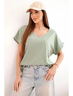 Dámska bavlnená blúzka s výstrihom do V a krátkymi rukávmi v khaki farbe