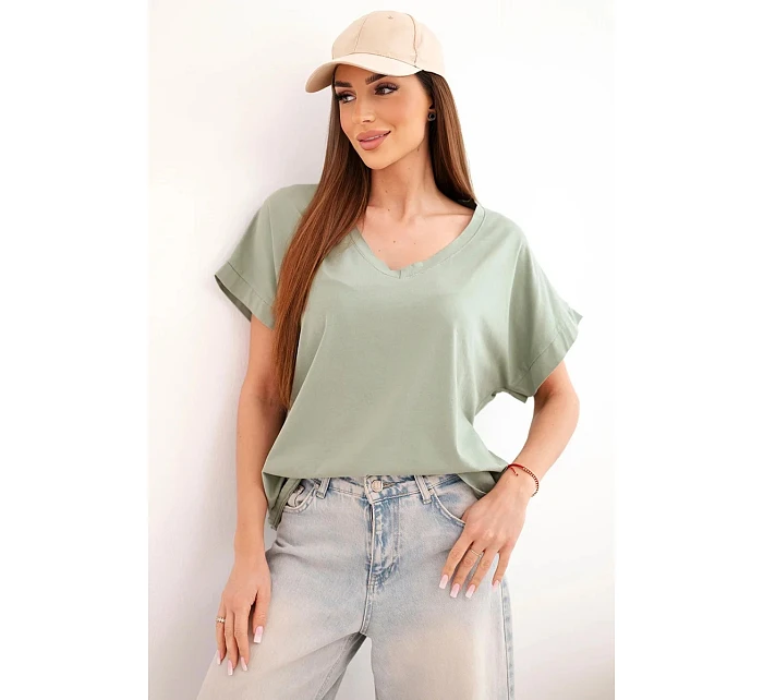 Dámska bavlnená blúzka s výstrihom do V a krátkymi rukávmi v khaki farbe