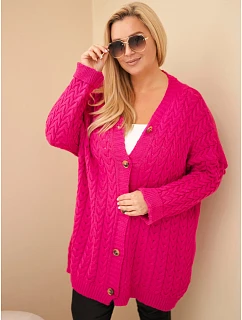 Dámský kardigan Plus Size s knoflíky a copánkovým vzorem fuchsie