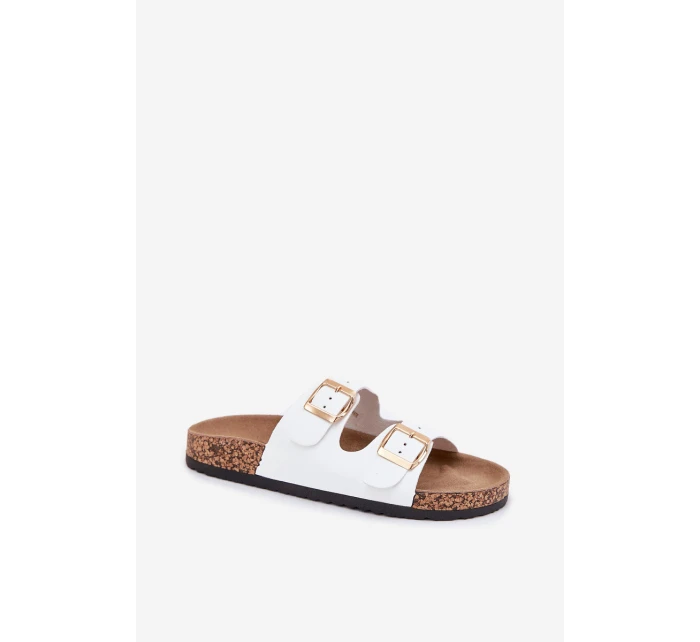 Klapki Damskie Z Klamrami Z Eko Skóry Białe Iskira Klapki Damskie Z Klamrami Z Eko Skóry Białe Iskira