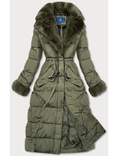Dlhá zimná bunda v khaki farbe s kožušinovým golierom (J9-071)