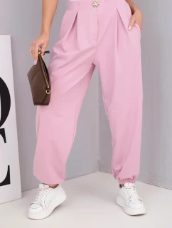 Dámske bavlnené nohavice s vysokým pásom a ozdobným gombíkom tmavoružové