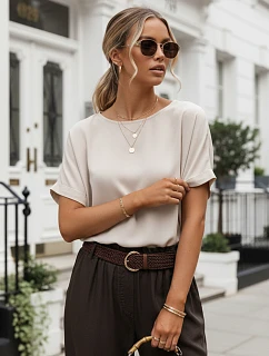 Dámska oversize blúzka z viskózy s krátkymi rukávmi, béžová, FashionStreet RY2927