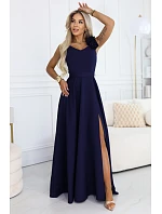 model 22043331 Elegantní večerní maxi šaty s rozparkem a růžemi tmavě modré - numoco