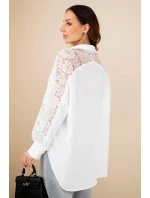 Dámske viskózové tričko s čipkovanými rukávmi a golierom biele