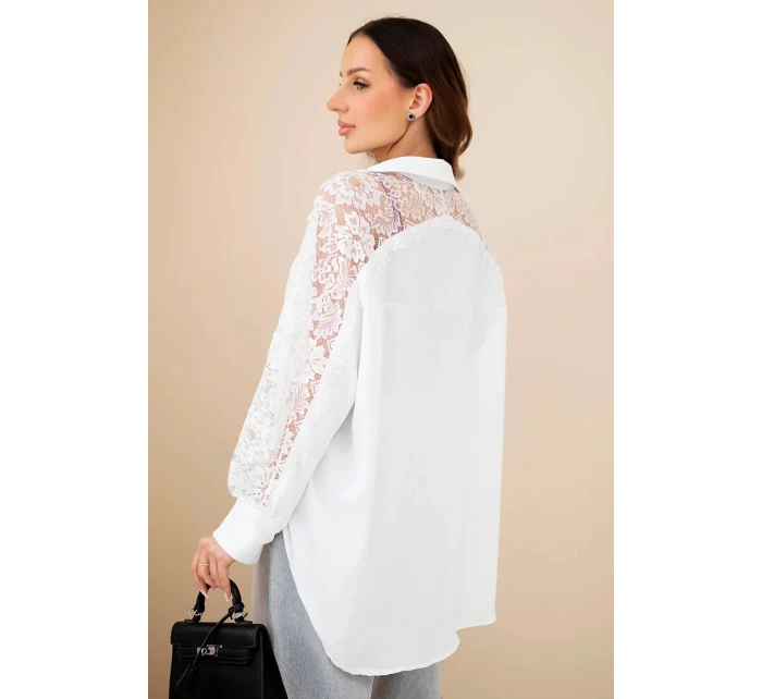 Dámske viskózové tričko s čipkovanými rukávmi a golierom biele