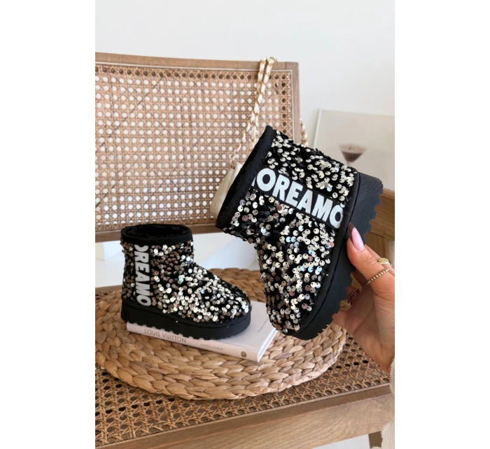 Dziecięce Śniegowce Botki Ocieplane Z Cekinami Czarno-Srebrne Rebbica