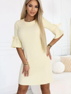 Dámské trapézové šaty s vázáním na rukávech pastelově žluté model 22022940 - numoco